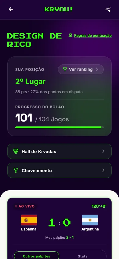 Main screen of a pool, with position, progress and the user's prediction for the live match