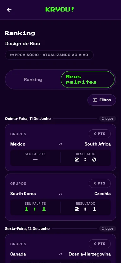 Predictions list with match results