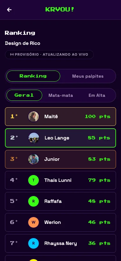 Pool ranking updating live